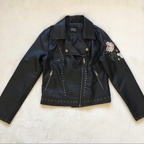 SOLD!! Black Studded Leather Jacket w/ Floral Embroidery - Picture 3 of 10